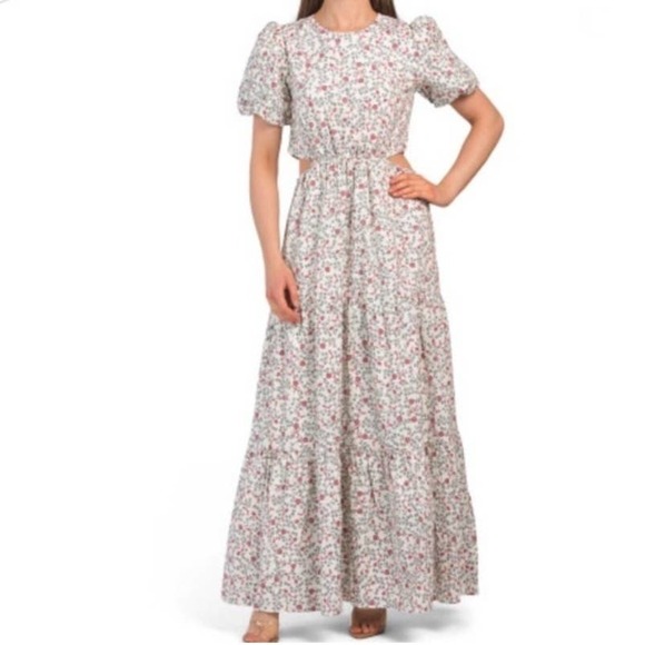 NEW‎ Wayf Plaza Cutout Floral Maxi Dress XL Ivory Short Sleeve Tiered NWT - Picture 1 of 11